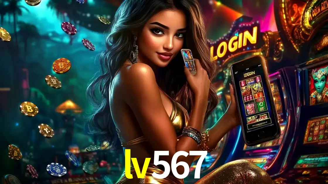 Mulher em um cenário de cassino temático de aventura, mostrando o app de caça-níqueis da lv567 no celular. Fichas de apostas flutuam ao redor.