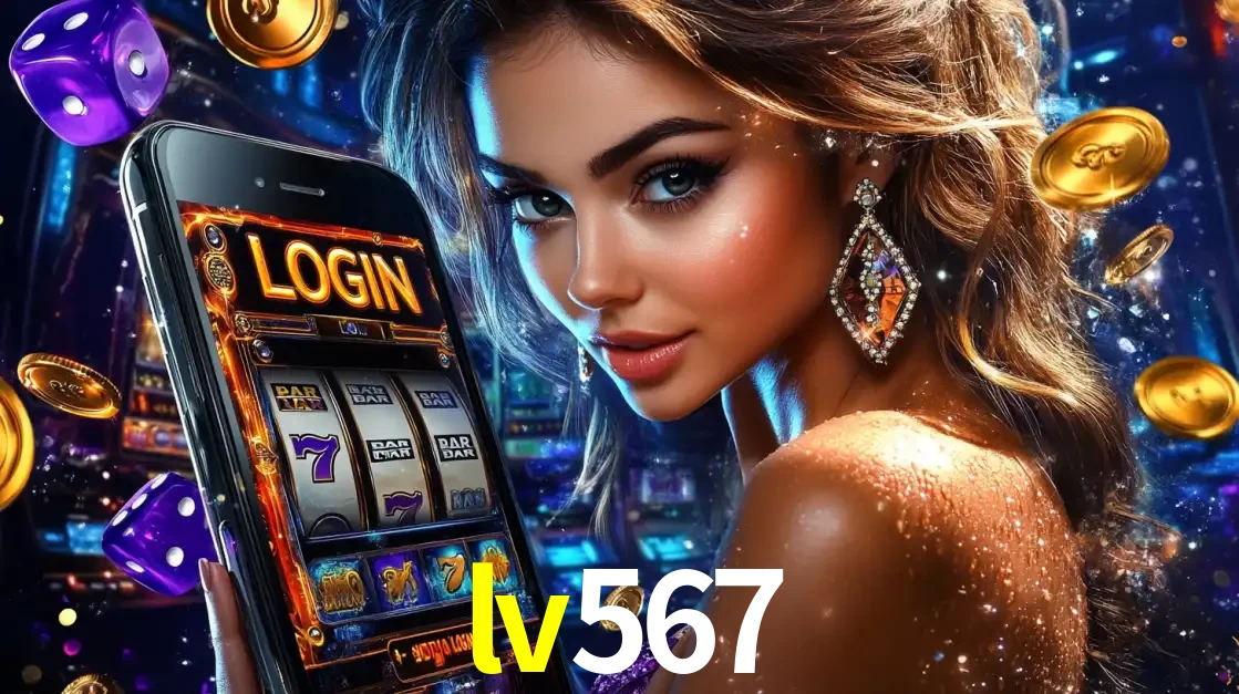 Mulher glamorosa segurando um smartphone com a tela de login para os jogos de caça-níqueis do cassino online lv567, com moedas de ouro e dados ao redor.
