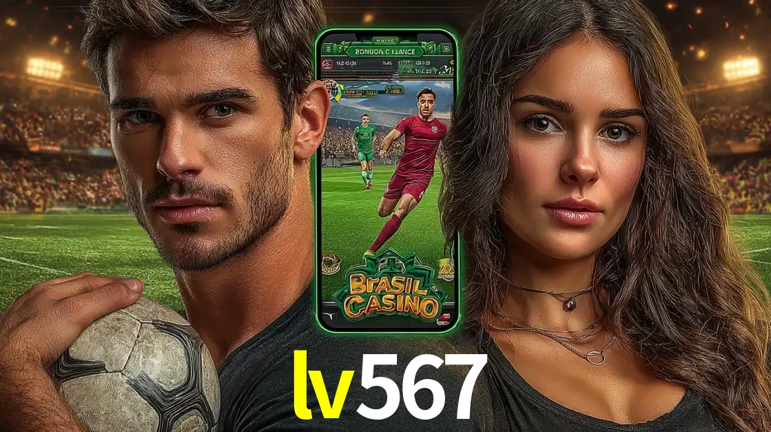 Homem segurando uma bola de futebol e uma mulher ao lado de um smartphone exibindo o jogo de apostas esportivas da lv567. Faça seu palpite no cassino online.